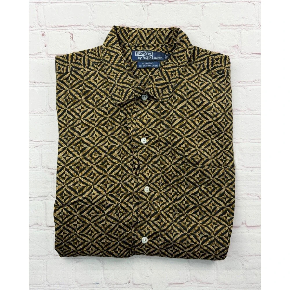 Polo Ralph Lauren Bonnard Shirt Mens MED Gold Silk Linen Geometric Camp Collar